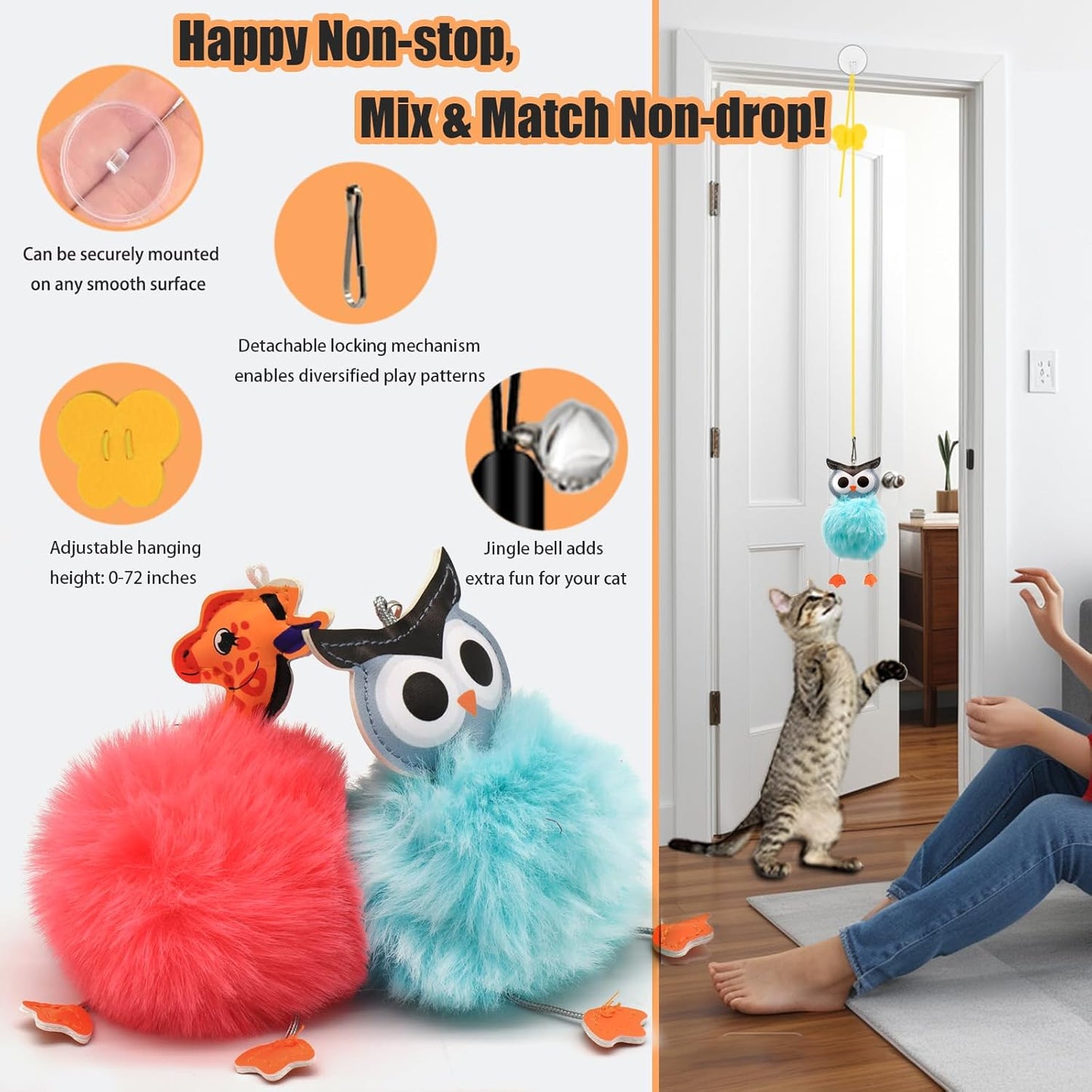 4-in-1 Interactive Cat Toy Set with Suction Cup Wand, Hanging Toys, Fishing Pole Wand, and Kitten Balls - Features Replaceable Worms and Feathers for Indoor Cat Exercise and Engagement
