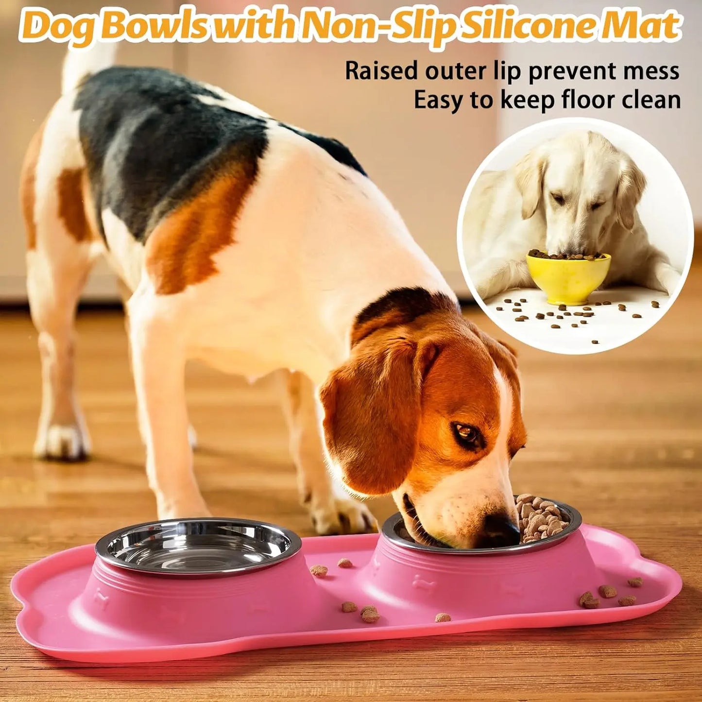 Stylish Pet Dog Bowls Set - 2 Stainless Steel Bowls with Non-Skid Silicone Mat & Food Scoop for Small to Large Dogs and Cats - Perfect for Messy Eaters!