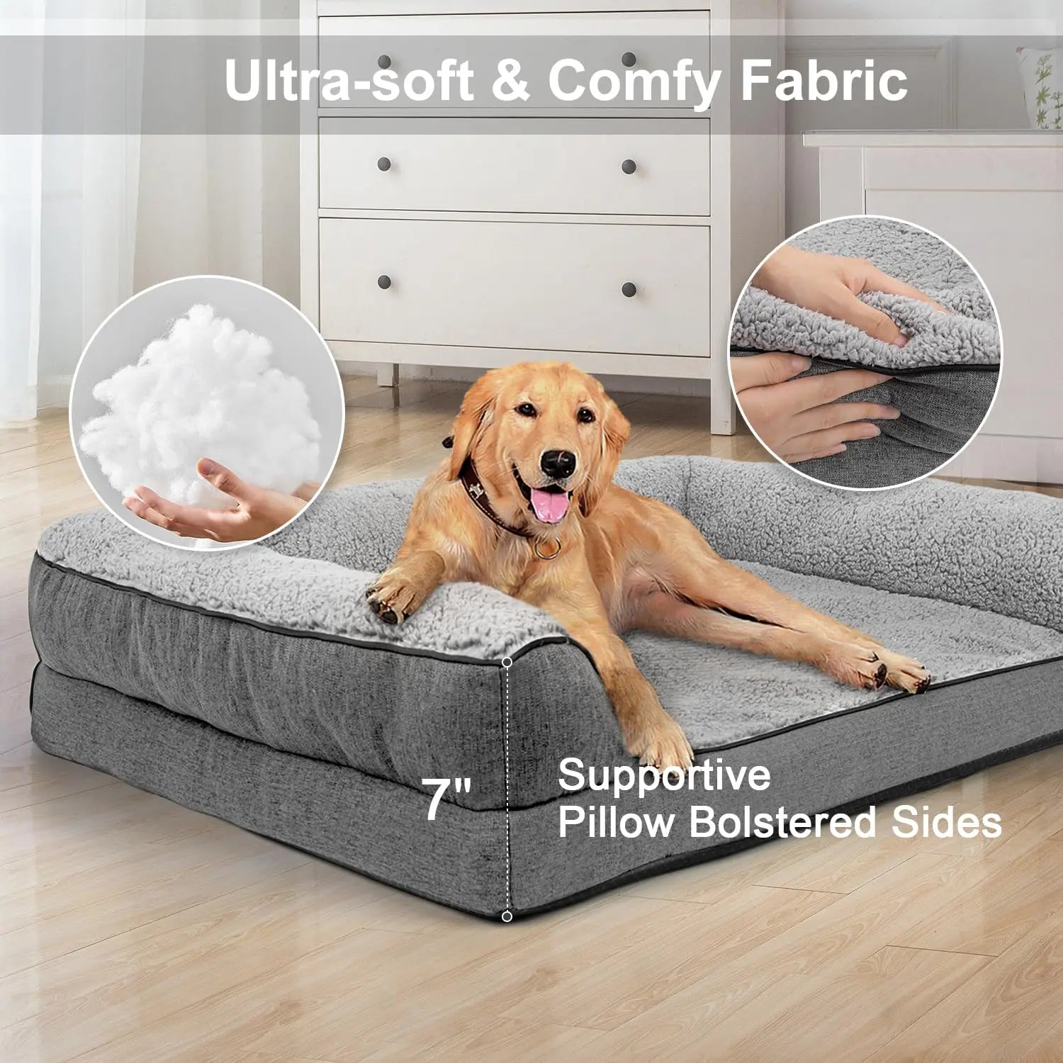 Luxurious Orthopedic Bolster Dog Bed for Large Breeds - Removable & Washable Cover with Non-Skid Foam Base