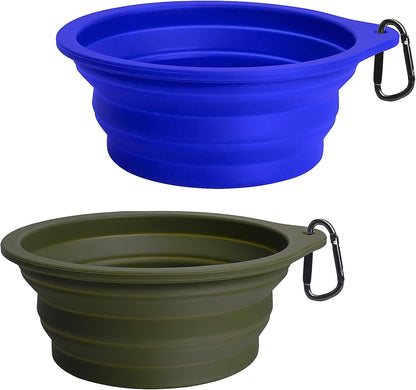 Travel-Friendly 2-Pack Silicone Collapsible Dog Bowls - BPA Free, Dishwasher Safe, Perfect for Food and Water on the Go (Army Green & Blue)