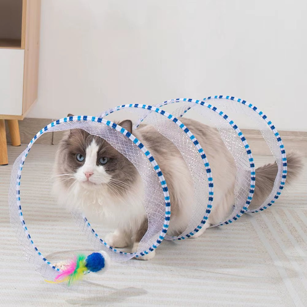 Exciting 65*30Cm Foldable Cat Tunnel Toy with Plush & Feather Playthings - Perfect for Indoor Adventure and Decompression!