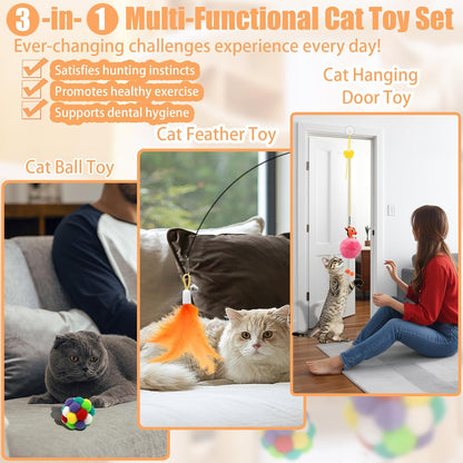 4-in-1 Interactive Cat Toy Set with Suction Cup Wand, Hanging Toys, Fishing Pole Wand, and Kitten Balls - Features Replaceable Worms and Feathers for Indoor Cat Exercise and Engagement