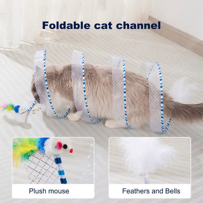 Exciting 65*30Cm Foldable Cat Tunnel Toy with Plush & Feather Playthings - Perfect for Indoor Adventure and Decompression!