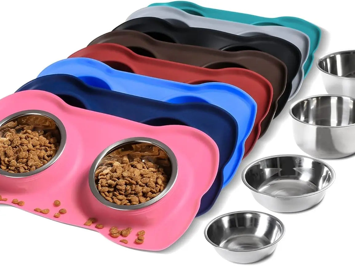 Stylish Pet Dog Bowls Set - 2 Stainless Steel Bowls with Non-Skid Silicone Mat & Food Scoop for Small to Large Dogs and Cats - Perfect for Messy Eaters!
