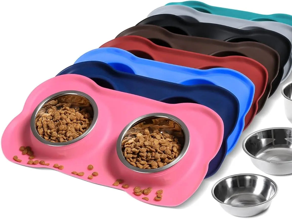 Stylish Pet Dog Bowls Set - 2 Stainless Steel Bowls with Non-Skid Silicone Mat & Food Scoop for Small to Large Dogs and Cats - Perfect for Messy Eaters!