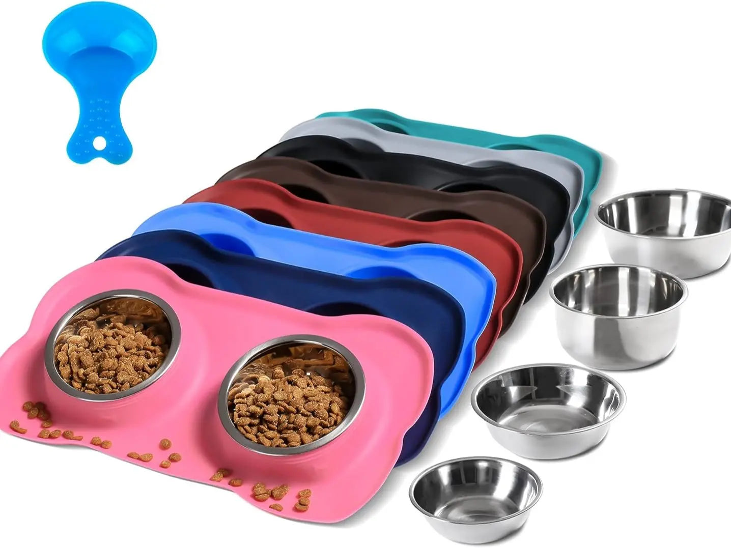 Stylish Pet Dog Bowls Set - 2 Stainless Steel Bowls with Non-Skid Silicone Mat & Food Scoop for Small to Large Dogs and Cats - Perfect for Messy Eaters!