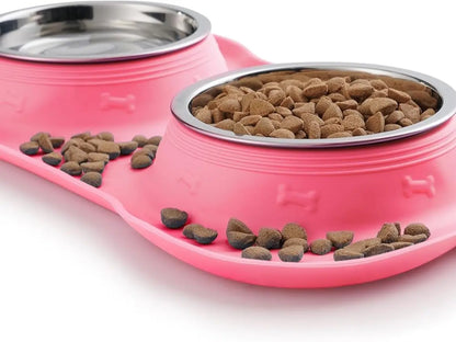 Stylish Pet Dog Bowls Set - 2 Stainless Steel Bowls with Non-Skid Silicone Mat & Food Scoop for Small to Large Dogs and Cats - Perfect for Messy Eaters!