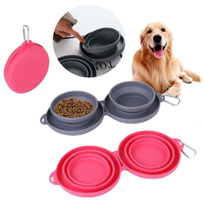 Convenient Rubber Foldable Double Bowl for Dogs and Cats - Perfect for Feeding and Travel!