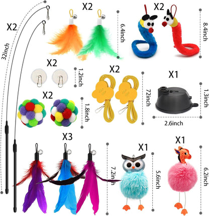 4-in-1 Interactive Cat Toy Set with Suction Cup Wand, Hanging Toys, Fishing Pole Wand, and Kitten Balls - Features Replaceable Worms and Feathers for Indoor Cat Exercise and Engagement