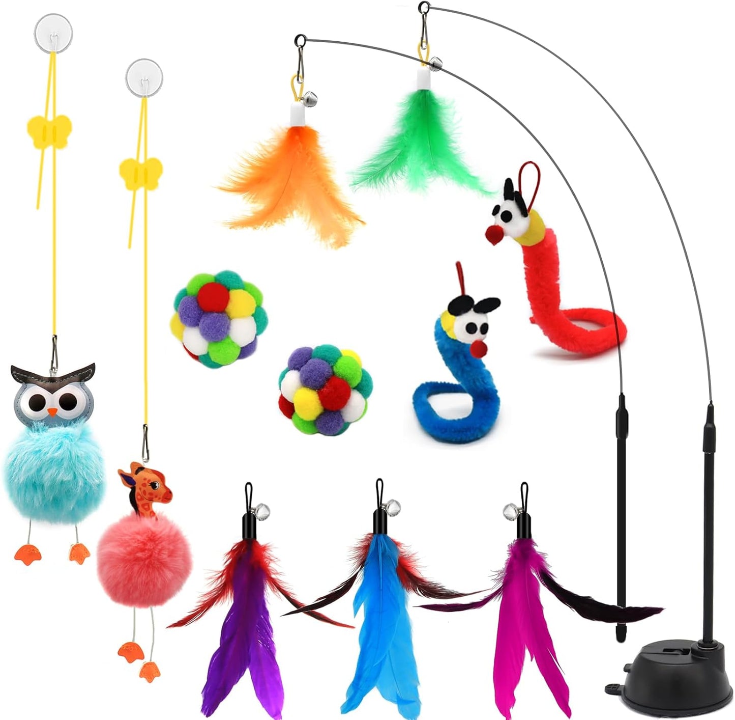 4-in-1 Interactive Cat Toy Set with Suction Cup Wand, Hanging Toys, Fishing Pole Wand, and Kitten Balls - Features Replaceable Worms and Feathers for Indoor Cat Exercise and Engagement
