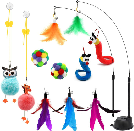 4-in-1 Interactive Cat Toy Set with Suction Cup Wand, Hanging Toys, Fishing Pole Wand, and Kitten Balls - Features Replaceable Worms and Feathers for Indoor Cat Exercise and Engagement